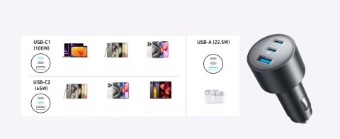Ładowarka samochodowa 167,5W Anker 3-portowa +Kabel USB-C + ADAPTER OTG USB